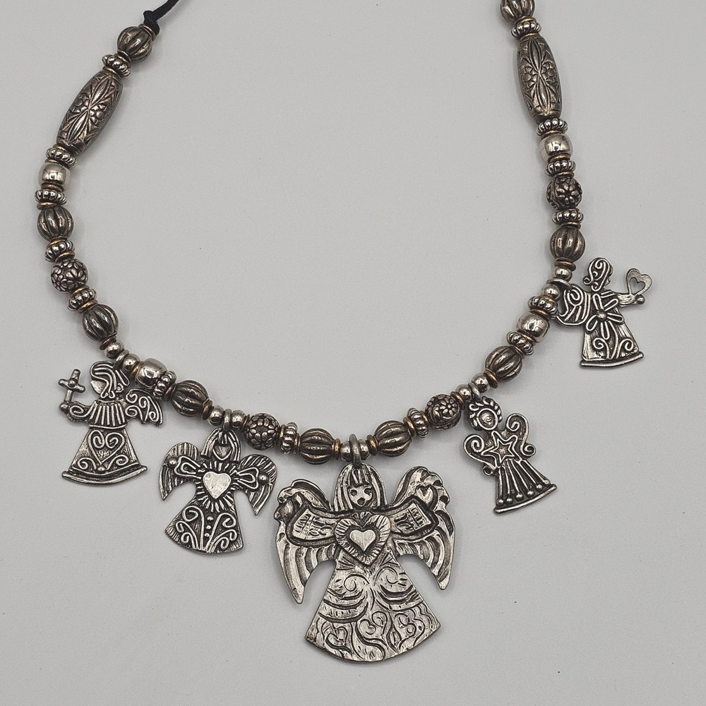 Marcie Pewter Angel Charm Necklace Signed Pendants USA Vintage Religious Faith